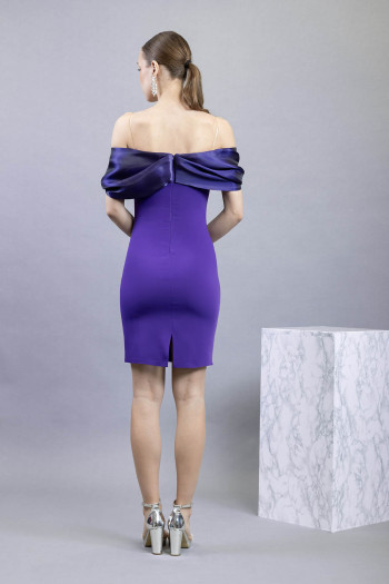 Balon Kol Krep Kumaş Mor Kısa Elbise