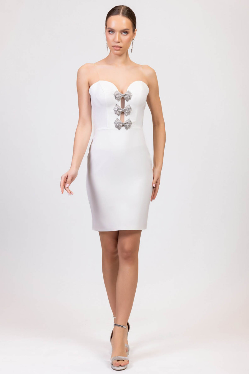 Straplez Üç fiyonklu Krep Kemik Kısa Elbise