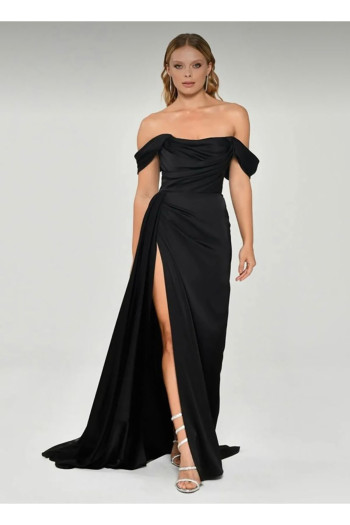 Straplez Prenses Kol İpek Saten Yırtmaçlı Siyah Elbise