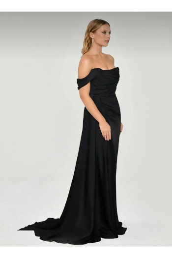 Straplez Prenses Kol İpek Saten Yırtmaçlı Siyah Elbise