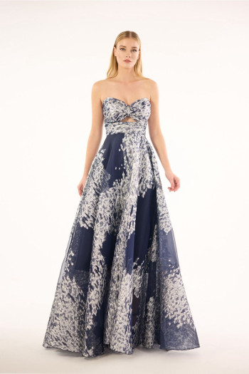 Straplez Gofre Kumaş A Kesim Lacivert Uzun Elbise