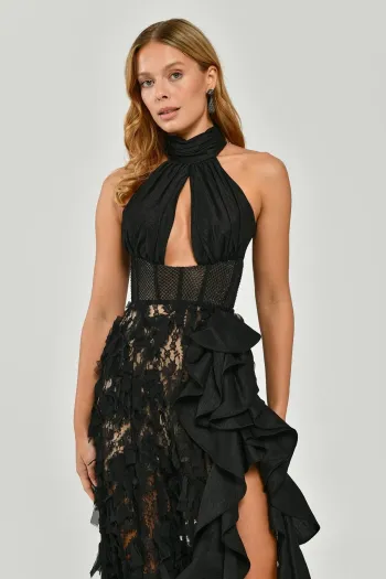 Boyundan Bağlamalı File Korseli Eteği Fırfırlı Siyah Uzun Elbise