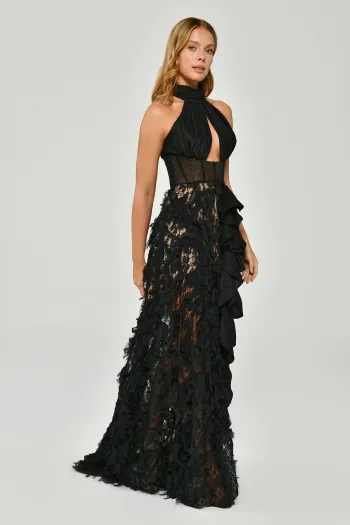 Boyundan Bağlamalı File Korseli Eteği Fırfırlı Siyah Uzun Elbise