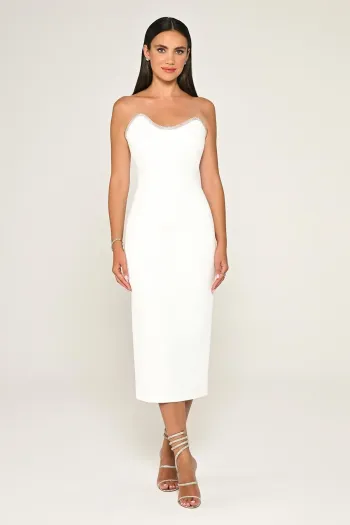 Straplez Şerit Aksesuarlı Krep Midi Beyaz Elbise