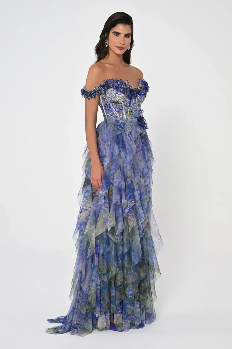 Düşük Kollu Fırfırlı İçi Kısa Bel Korseli Tüllü Mor-Yeşil Uzun Elbise