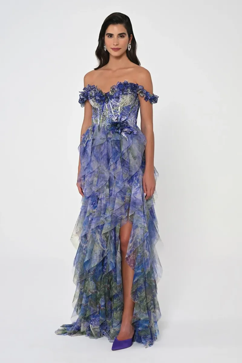 Düşük Kollu Fırfırlı İçi Kısa Bel Korseli Tüllü Mor-Yeşil Uzun Elbise