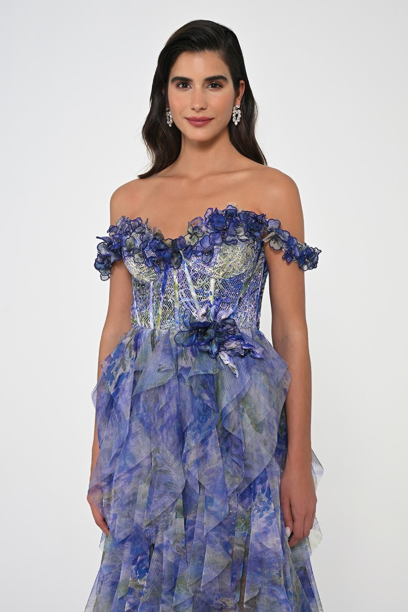 Düşük Kollu Fırfırlı İçi Kısa Bel Korseli Tüllü Mor-Yeşil Uzun Elbise