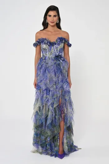 Düşük Kollu Fırfırlı İçi Kısa Bel Korseli Tüllü Mor-Yeşil Uzun Elbise