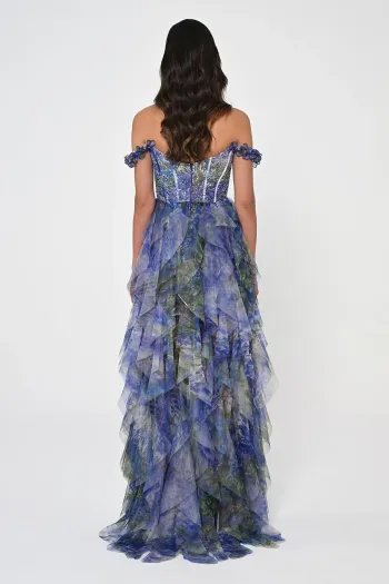 Düşük Kollu Fırfırlı İçi Kısa Bel Korseli Tüllü Mor-Yeşil Uzun Elbise