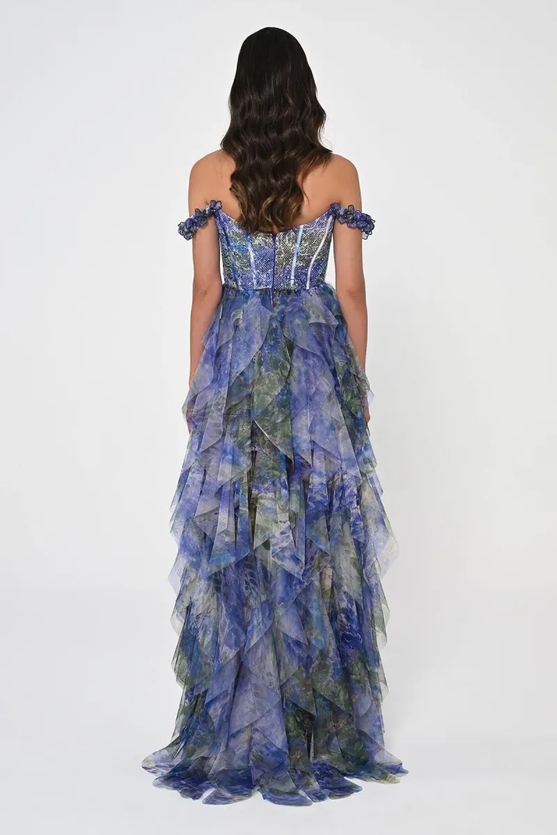 Düşük Kollu Fırfırlı İçi Kısa Bel Korseli Tüllü Mor-Yeşil Uzun Elbise