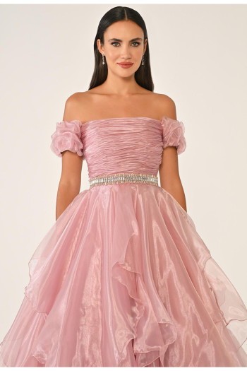 Düşük Omuz Katlı Prenses Etek Organze Koyu Pudra Uzun Elbise
