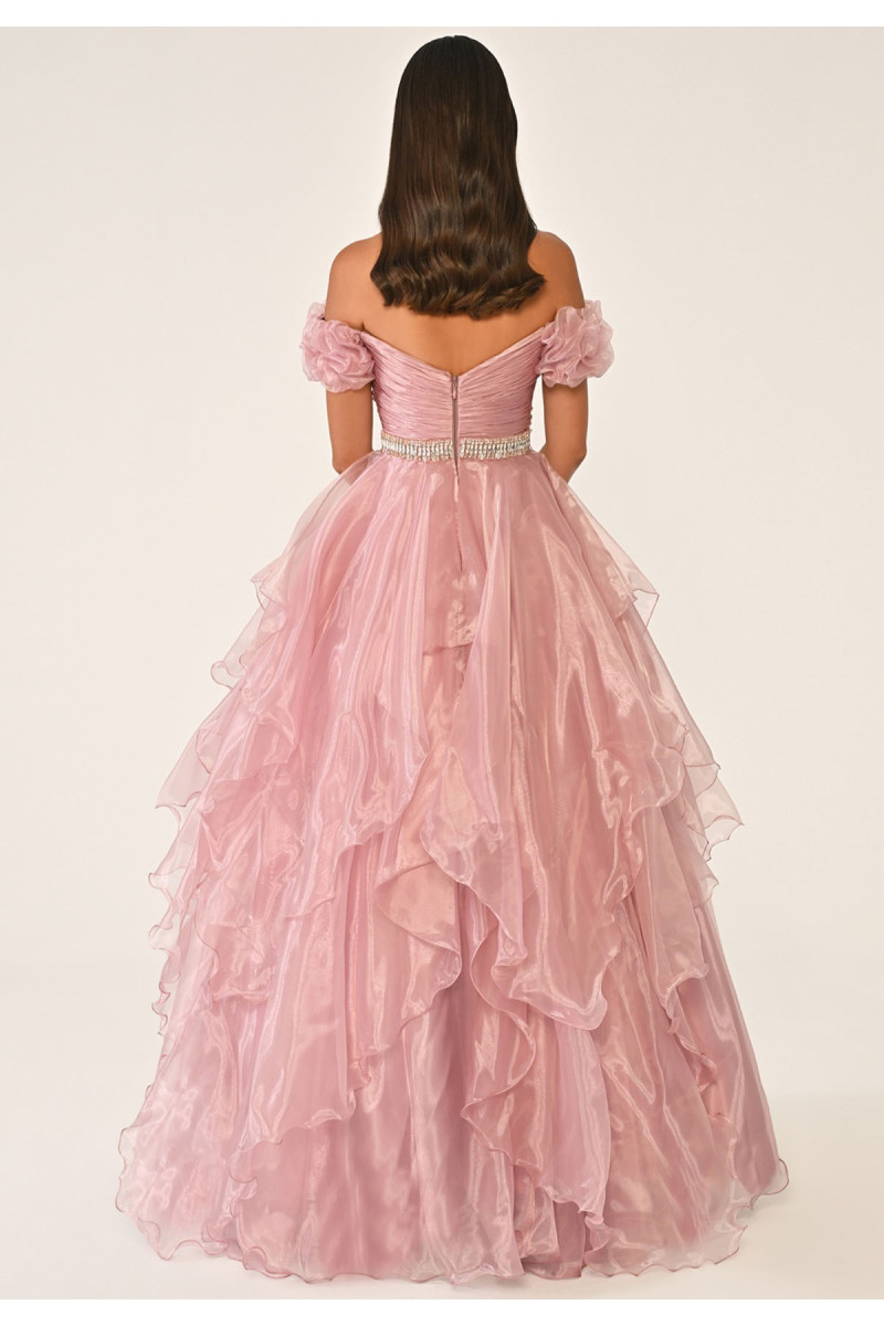 Düşük Omuz Katlı Prenses Etek Organze Koyu Pudra Uzun Elbise
