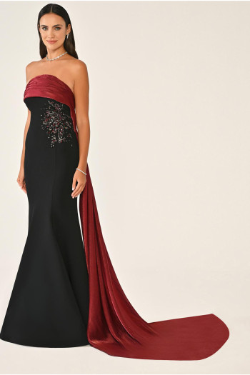 Straplez Üstü İşlemeli Kuyruklu Krep Siyah-Bordo Uzun Elbise