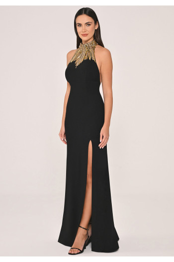 Halter Yaka Üstü ve Sırt Aksesuarlı Krep Siyah Uzun Elbise