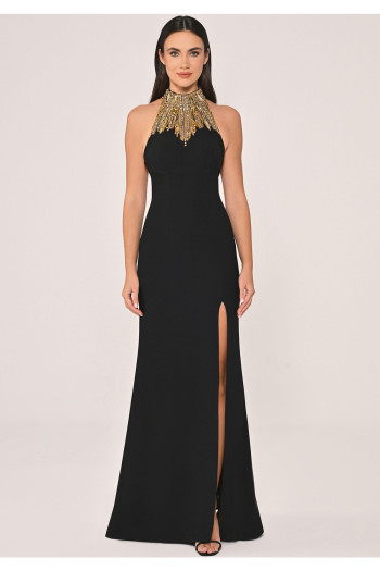 Halter Yaka Üstü ve Sırt Aksesuarlı Krep Siyah Uzun Elbise