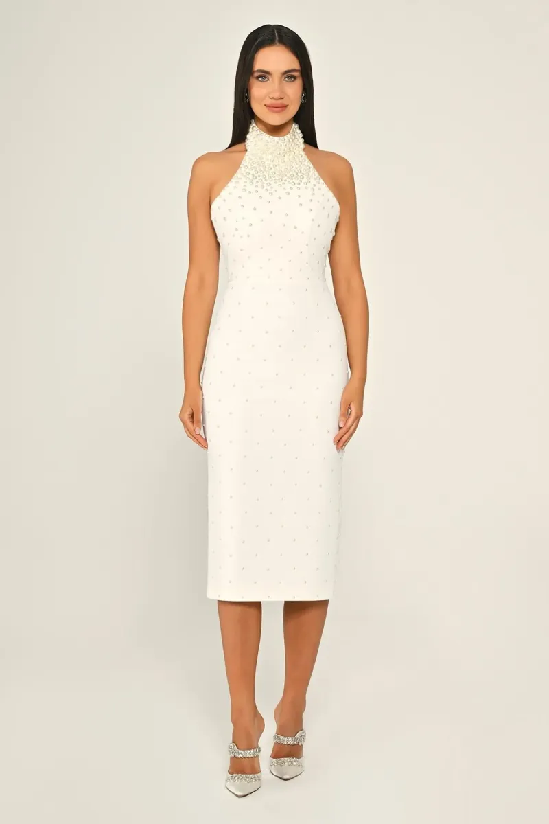 Halter Yaka Boncuklu Krep Beyaz Midi Elbise