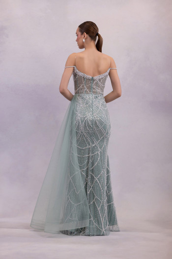 Straplez Kedi Kulak İnci Detaylı Mint Uzun Elbise