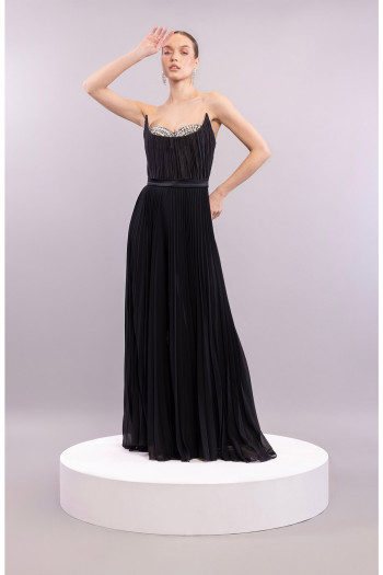 Straplez Taşlı Kedi Kulaklı Piliseli Siyah Uzun Tulum Elbise