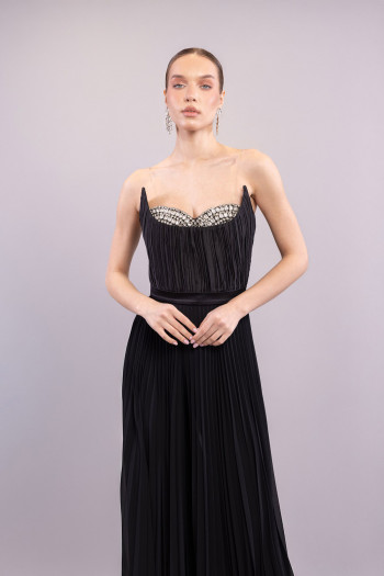 Straplez Taşlı Kedi Kulaklı Piliseli Siyah Uzun Tulum Elbise