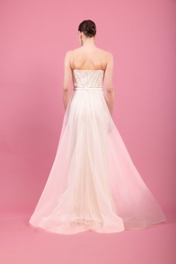 Straplez Kedi Kulaklı Arka Kuyruk Detaylı Taşlı Pullu Bej Uzun Elbise