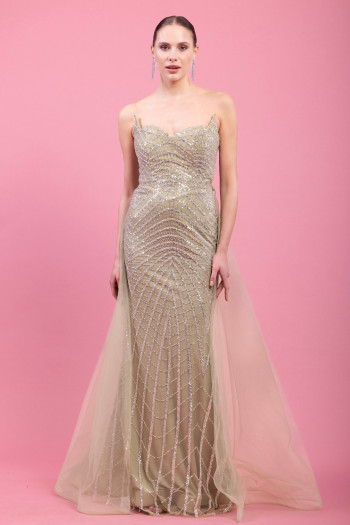 Straplez Kedi Kulaklı Arka Kuyruk Detaylı Taşlı Pullu Taş Uzun Elbise