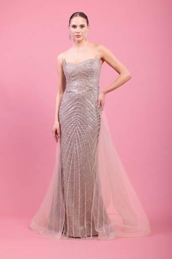 Straplez Kedi Kulaklı Arka Kuyruk Detaylı Taşlı Pullu Taş Uzun Elbise