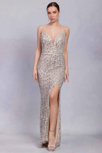 İp Askılı Kedi Kulaklı Pullu Payetli Bej Uzun Elbise