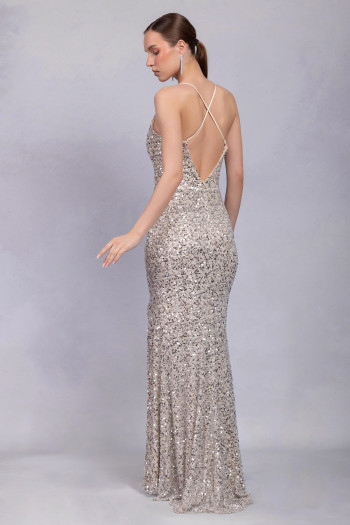 İp Askılı Kedi Kulaklı Pullu Payetli Bej Uzun Elbise