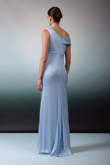 Kalın Askılı Drapeli Krınkıl Kumaş Mavi Uzun Elbise