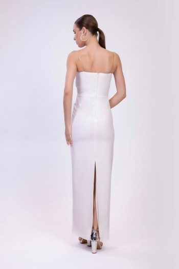 Straplez Drapeli Saten Yaka Krep Midi Beyaz Elbise